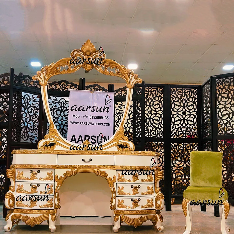 European Style Handcrafted White & Gold Dresser with Cushioned Stool By Aarsun