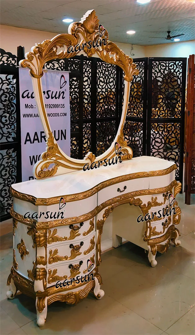 Handcrafted White & Gold Dresser with Cushioned Stool-B