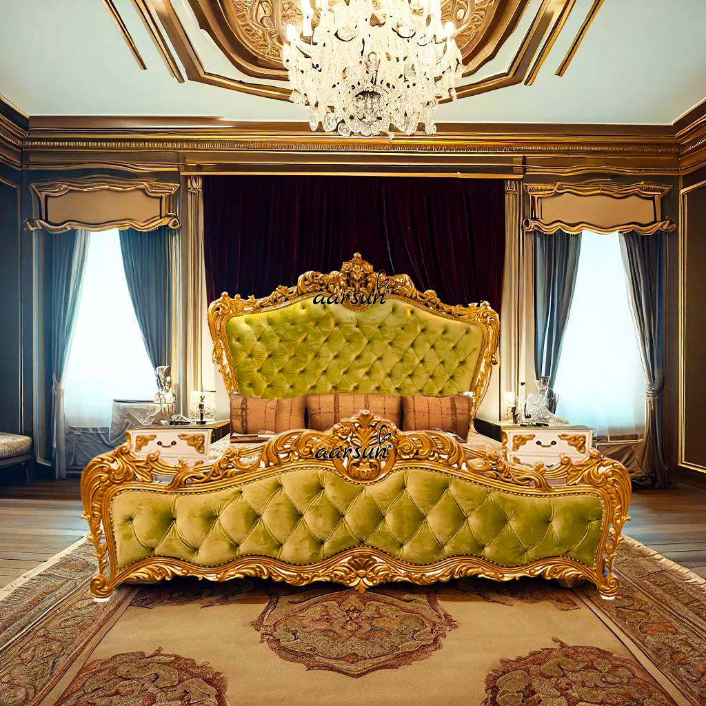 Royal Bedroom Set Tufted Bedsteads Velvet Green Fabric-A