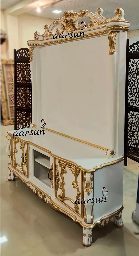 White & Gold TV Unit in Teak Wood-B