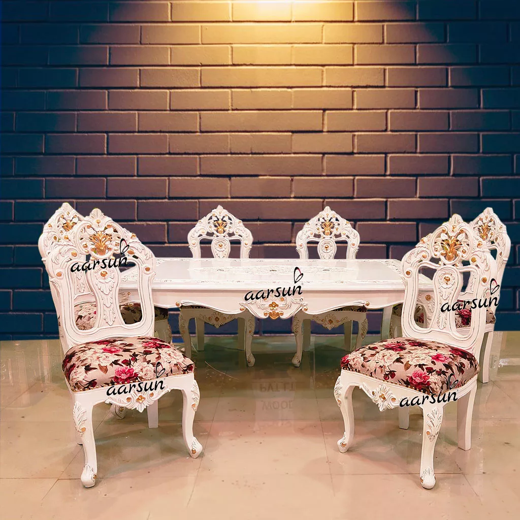 Luxurious White & Gold Dining Set for 6