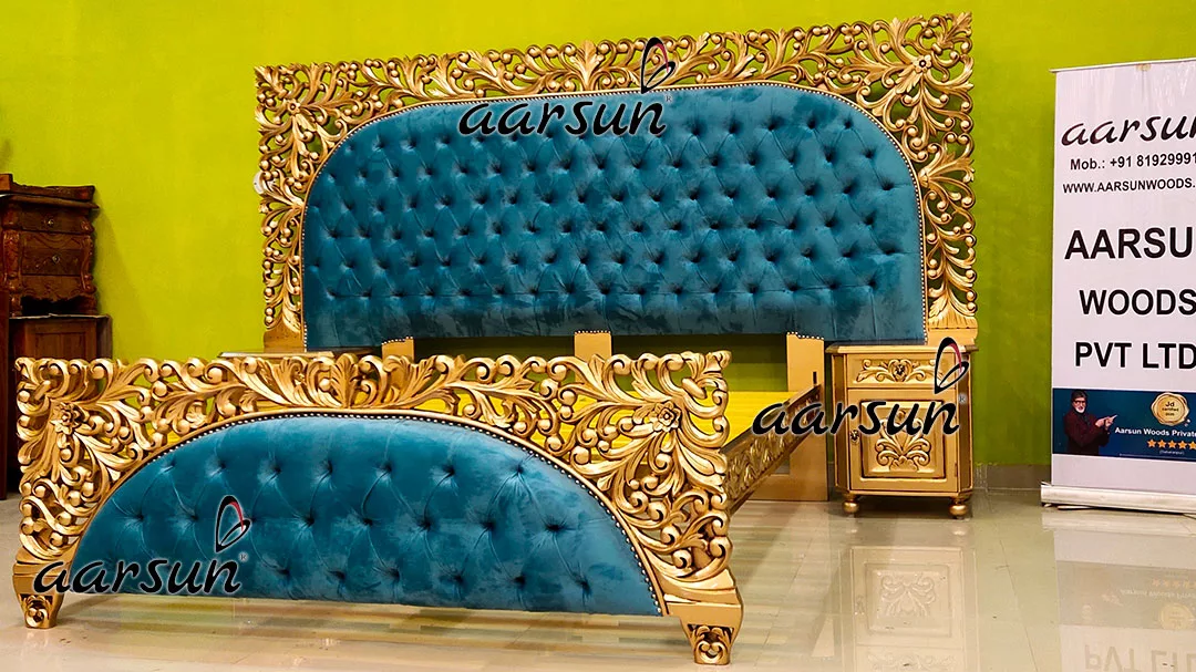 Aarsun Personalized King Size Bed in Teak & Gold Finish UH-YT-477-A