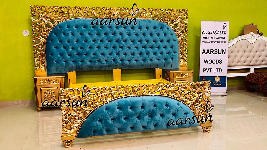 Personalized King Size Bed in Teak & Gold Finish UH-YT-477-B