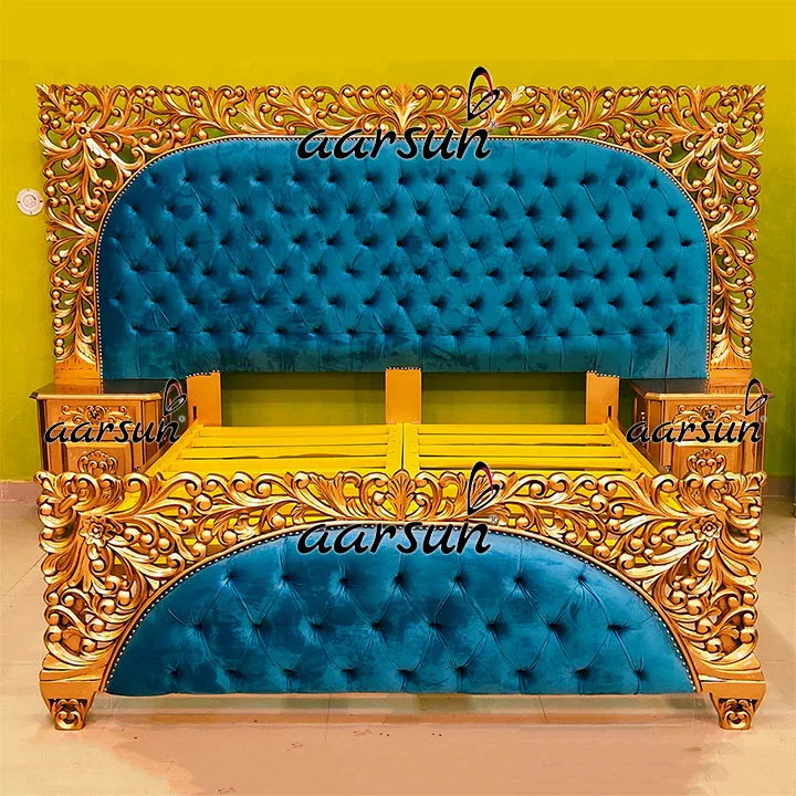 Personalized King Size Bed in Teak & Gold Finish UH-YT-477