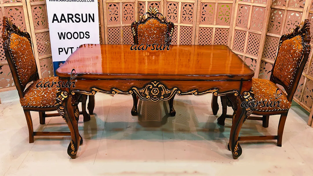 Triple Shaded 4 Seater Dining Set Carved in Teak Wood-A