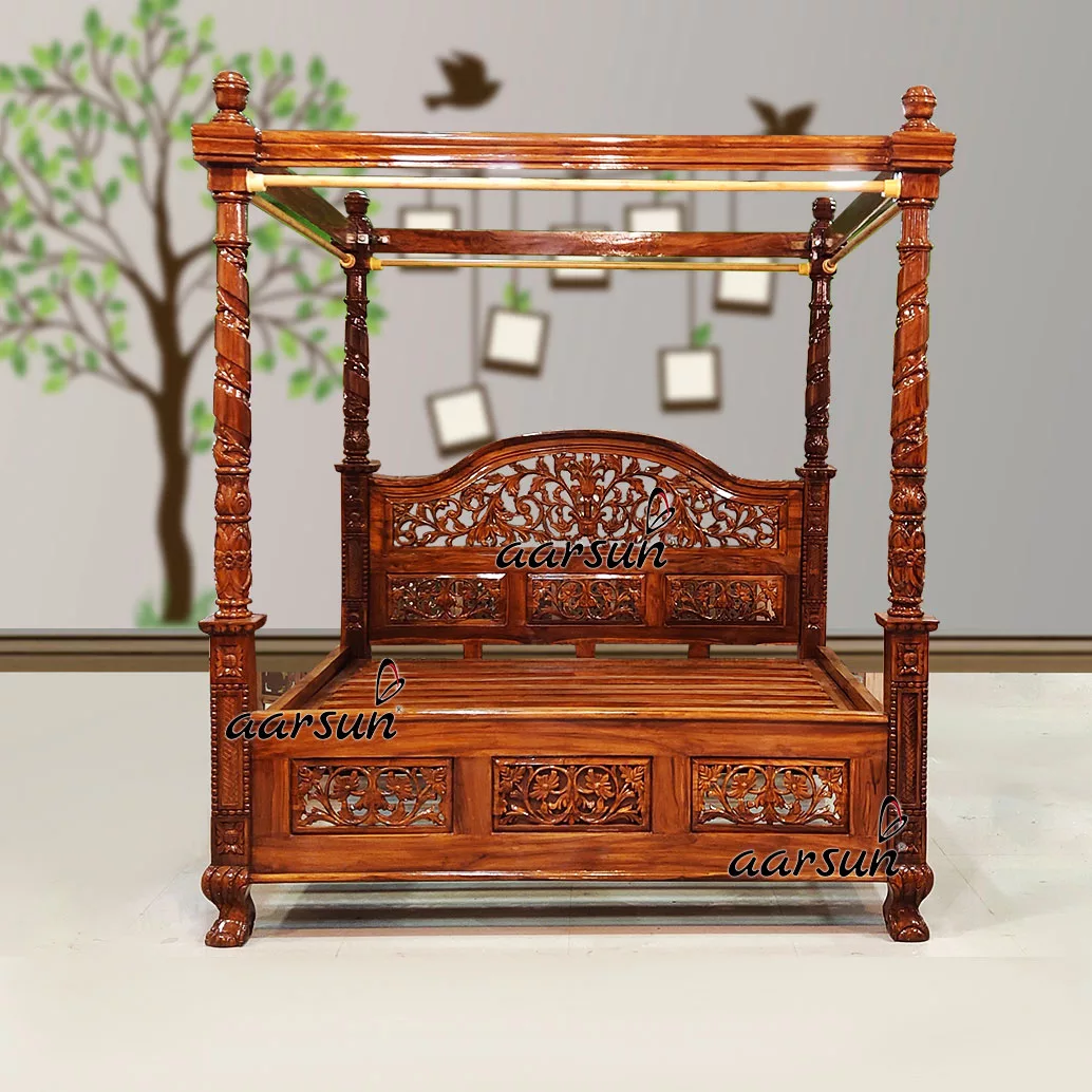 Classic Vintage Poster Bed Cot Design in Teak and Honey Finish