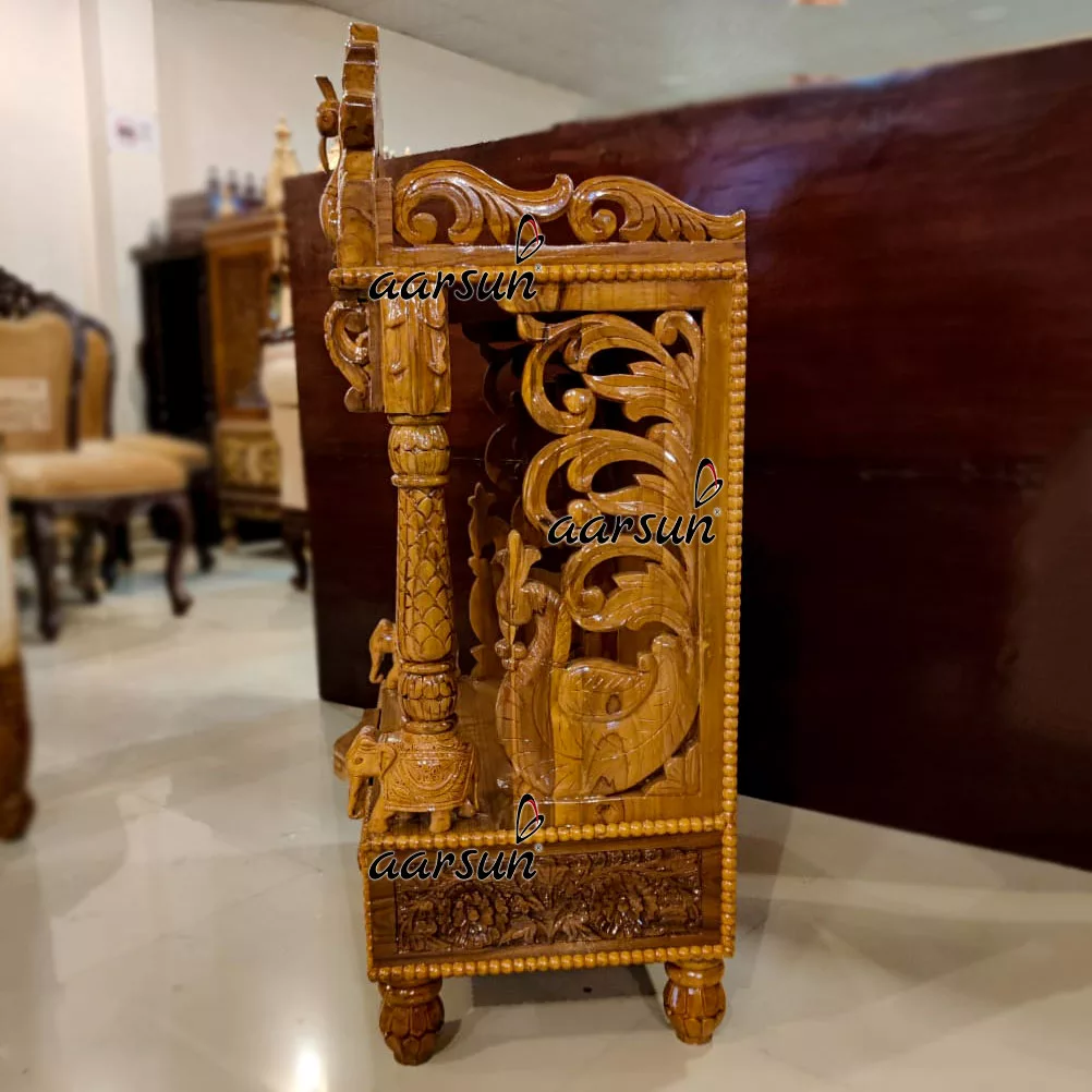 Peacock Design Mandir in Natural Finish-A