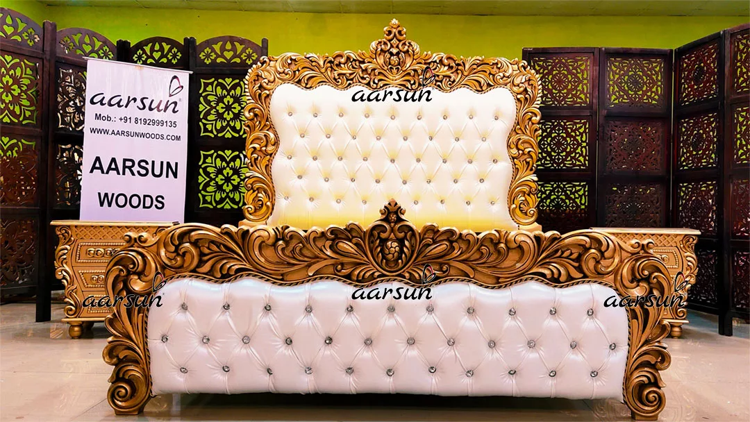 Vastu Tips for Bedroom Royal Antique Gold Bed Design with Side Tables-B