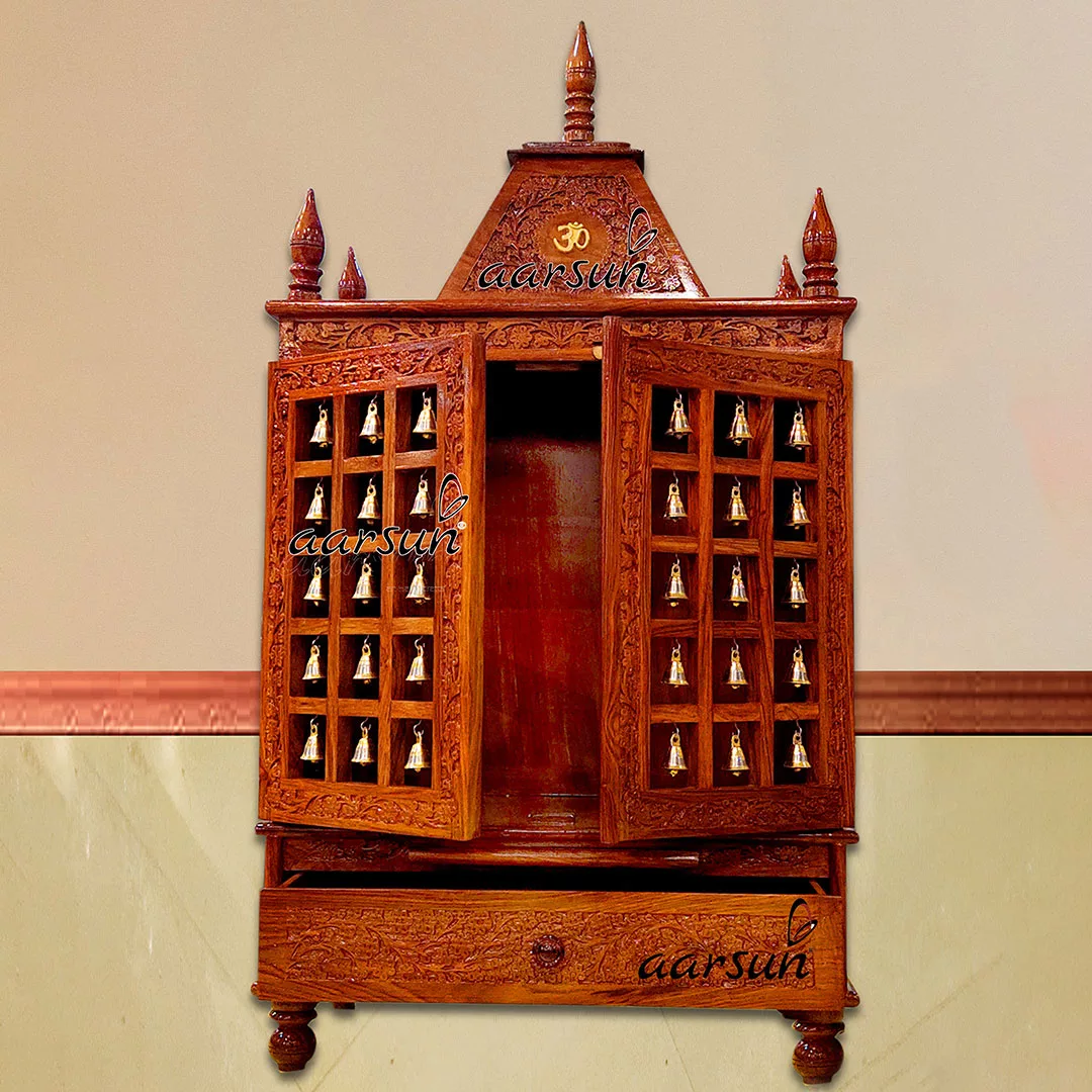 Wooden Door Mandir with Bells