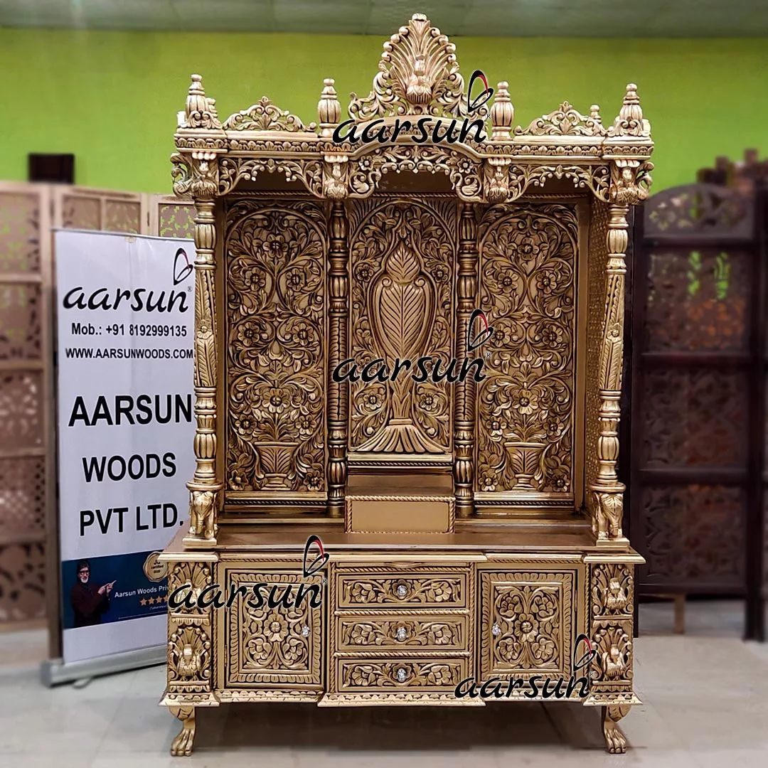 Large Temple in Teak & Gold Finish UH-YT-512