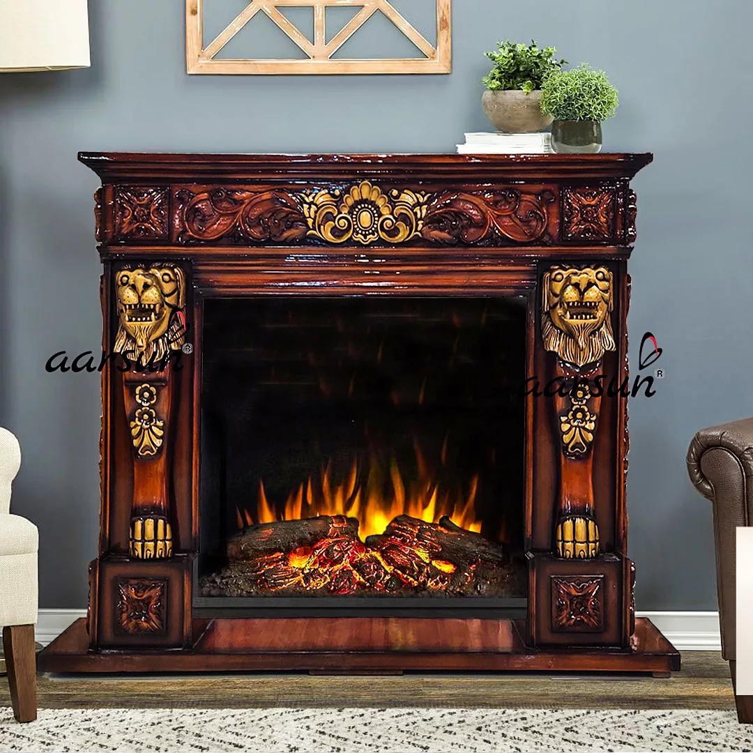 Image for Classic Fireplace Triple Shade Lions Carved in Front UH-YT-537