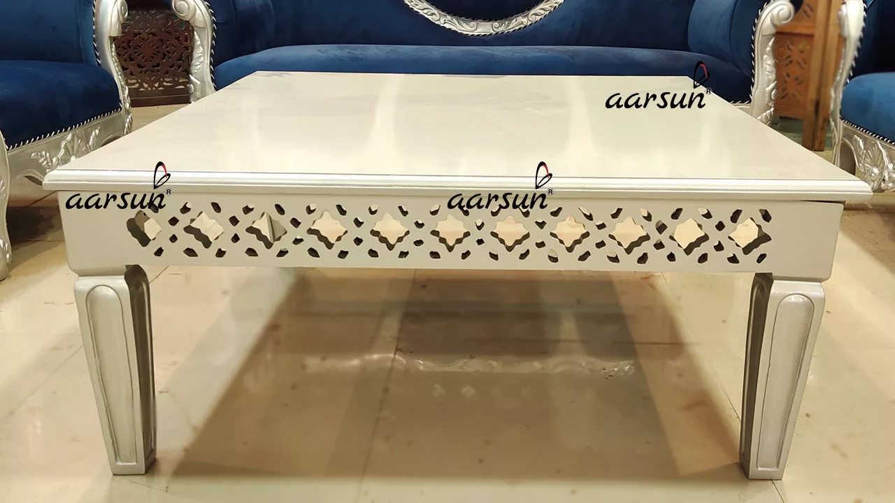 Classic Maharaja Sofa Set With Centre Table in Silver Paint & Royal Velvet Blue Fabric, Traditional Royal Maharaja Sofa Set By Aarsun