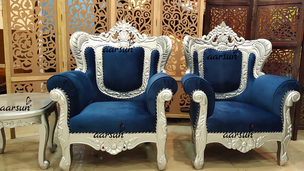 Classic Maharaja Sofa Set in Silver Paint & Royal Velvet Blue Fabric, Traditional Royal Maharaja Sofa Set By Aarsun