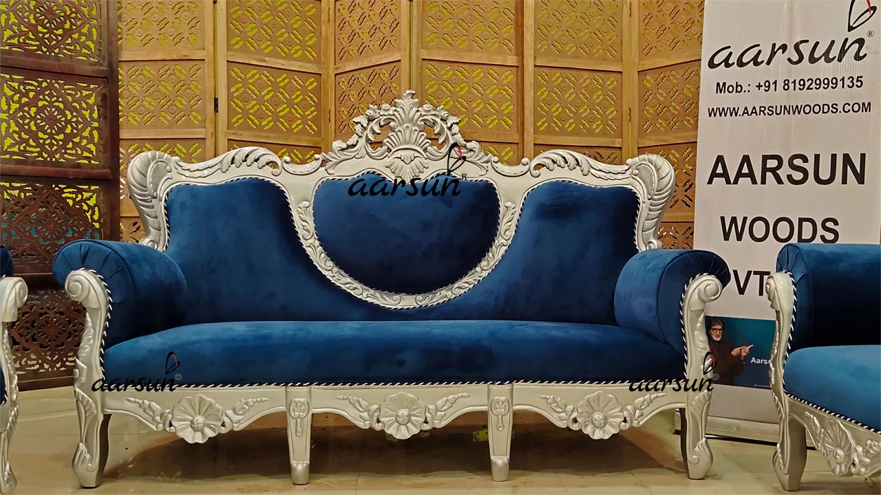 Classic Maharaja Sofa Set in Silver Paint & Royal Velvet Blue Fabric, Traditional Royal Maharaja Sofa Set By Aarsun