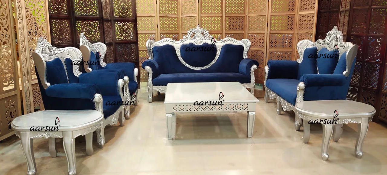 Classic Maharaja Sofa Set in Silver Paint & Royal Velvet Blue Fabric, Traditional Royal Maharaja Sofa Set By Aarsun