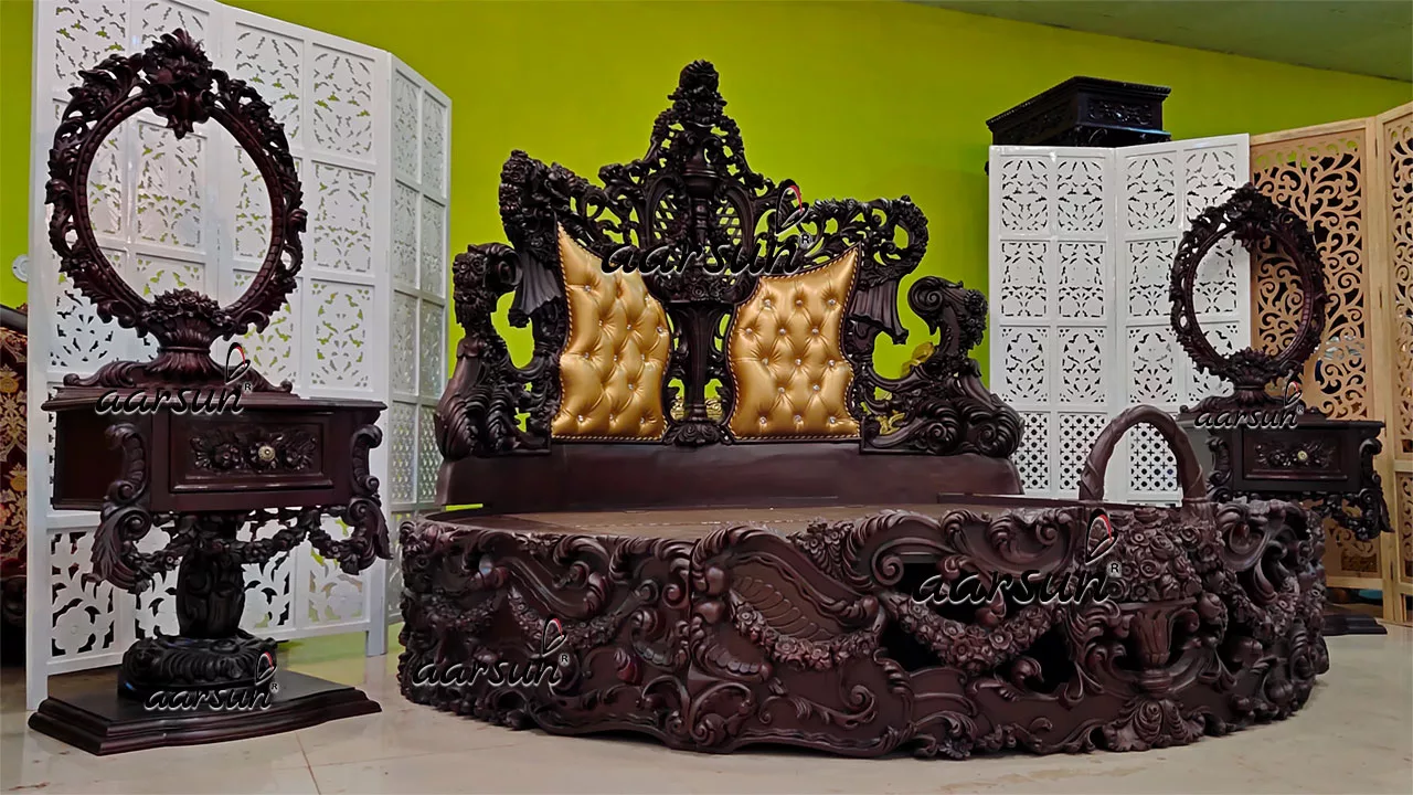 Super Luxurious Round Bed with Large Side Consoles Matte Finish UH-YT-544-A