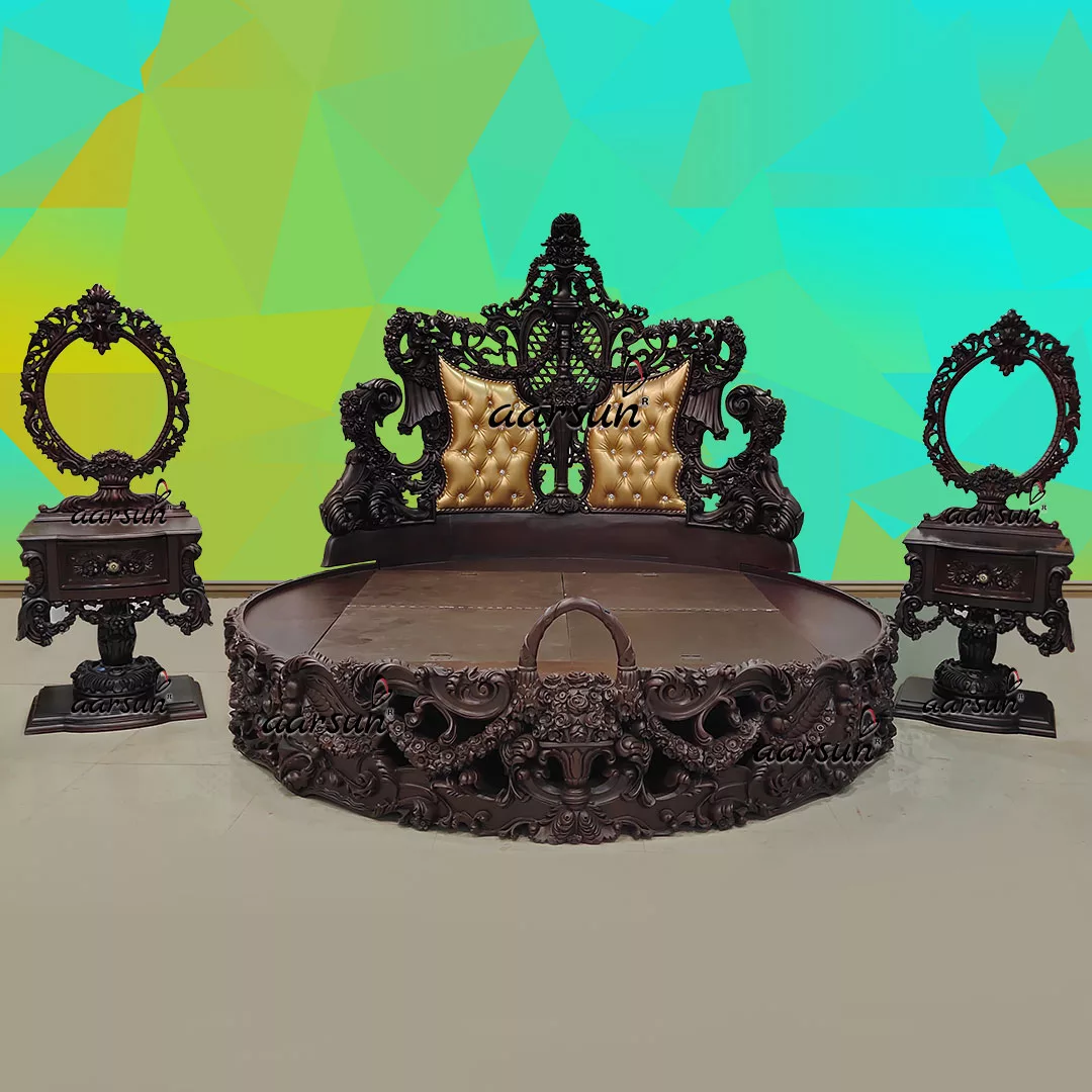 Super Luxurious Round Bed with Large Side Consoles Matte Finish