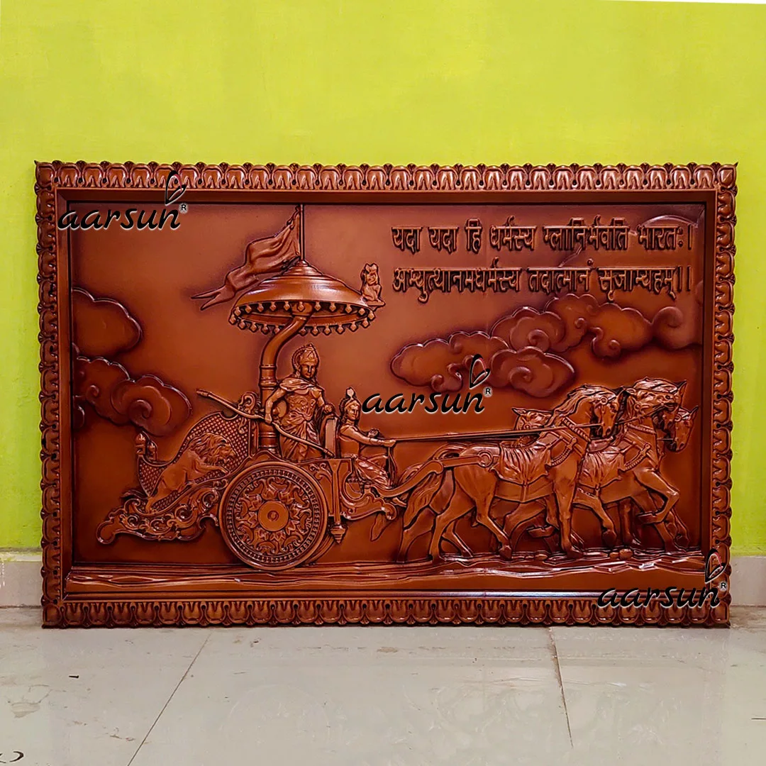 3D Wooden Mahabharata Wall Art in Natural Finish