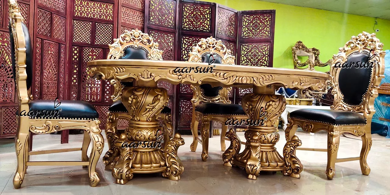 Luxurious Dining Set 6 Seater in Antique Gold Paint & Teak Wood YT-560-B