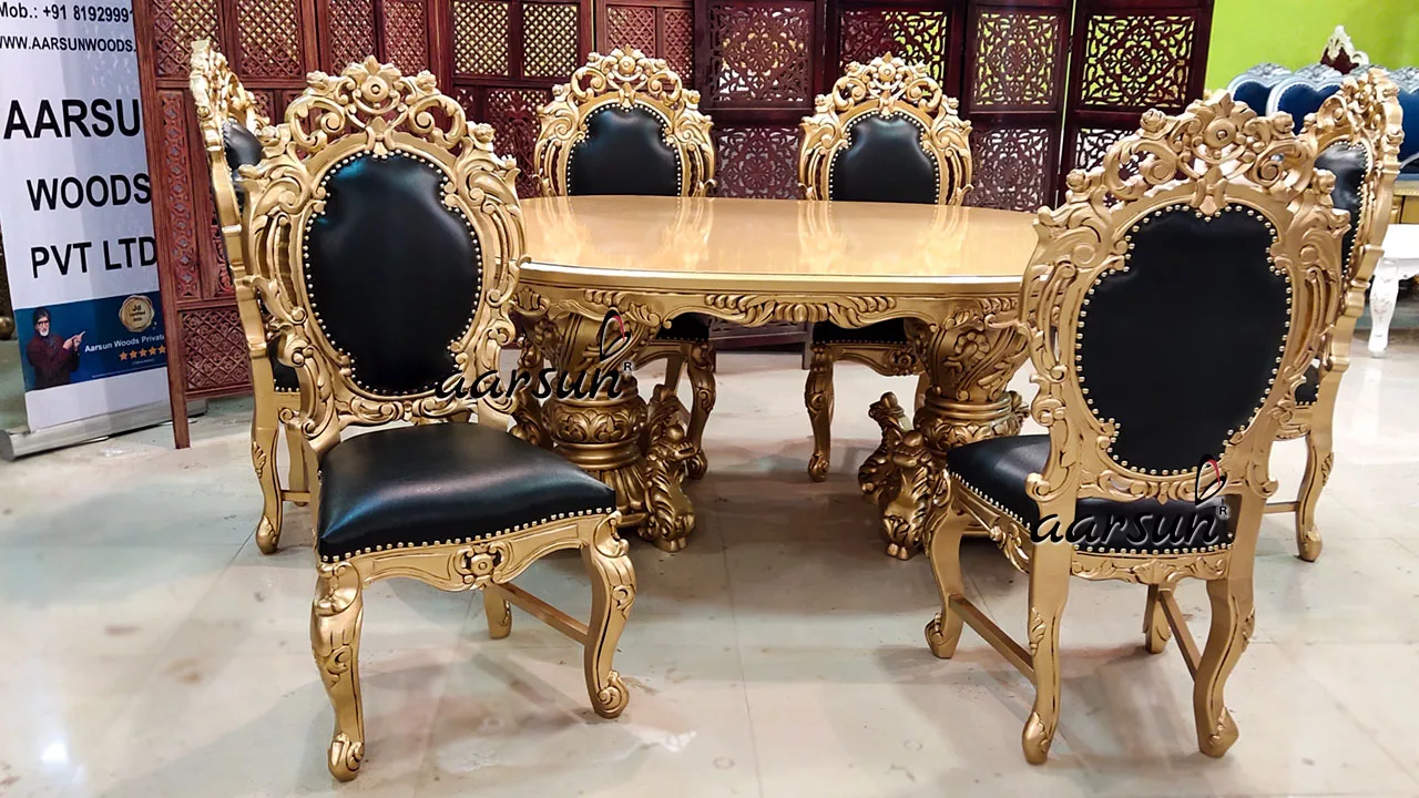 Luxurious Dining Set 6 Seater in Antique Gold Paint & Teak Wood YT-560-C