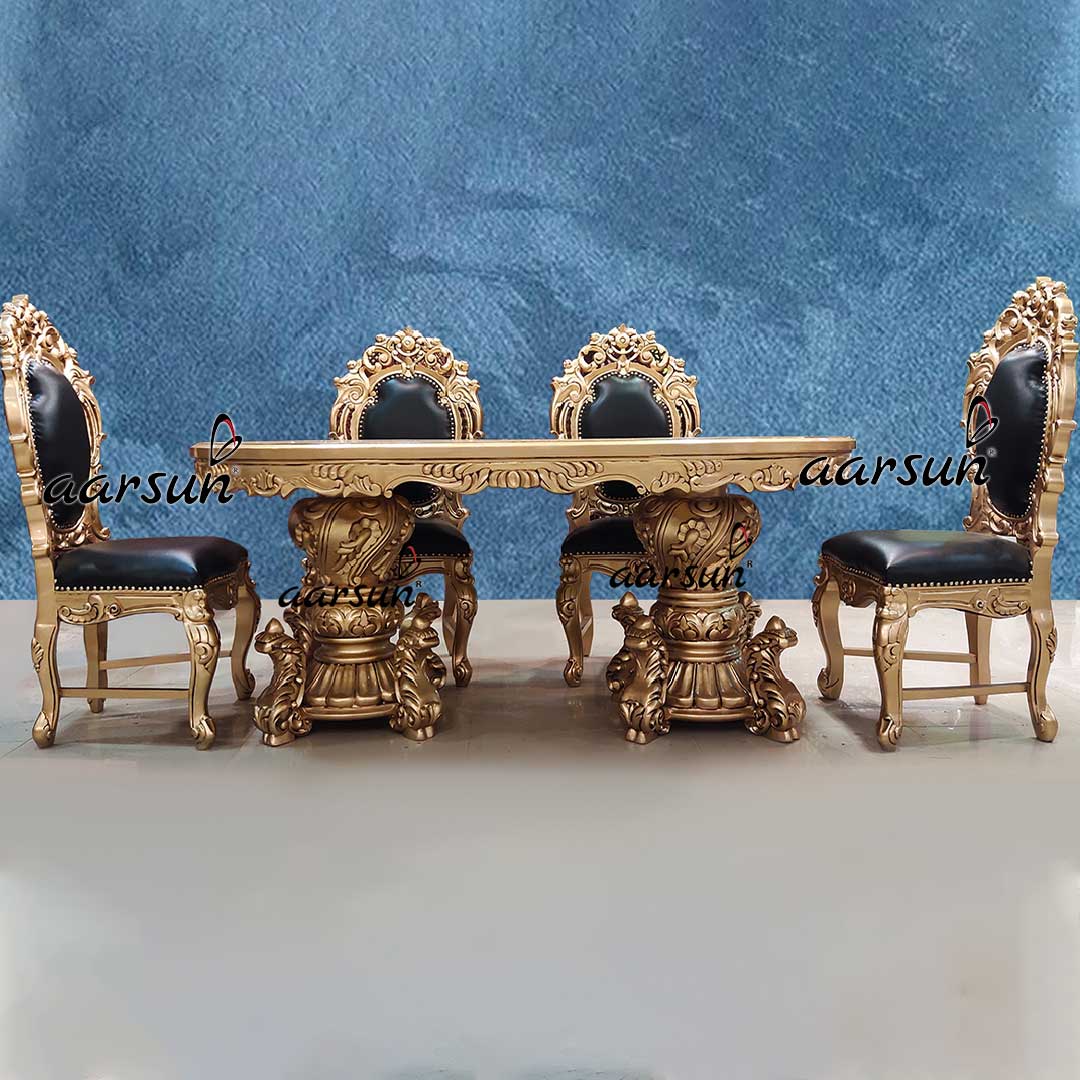 Luxurious Dining Set 6 Seater in Antique Gold Paint & Teak Wood YT-560-front