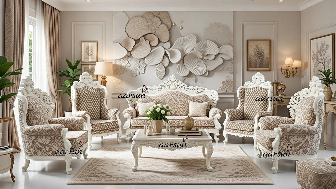 Luxurious Off-White Sofa Set Double Carved