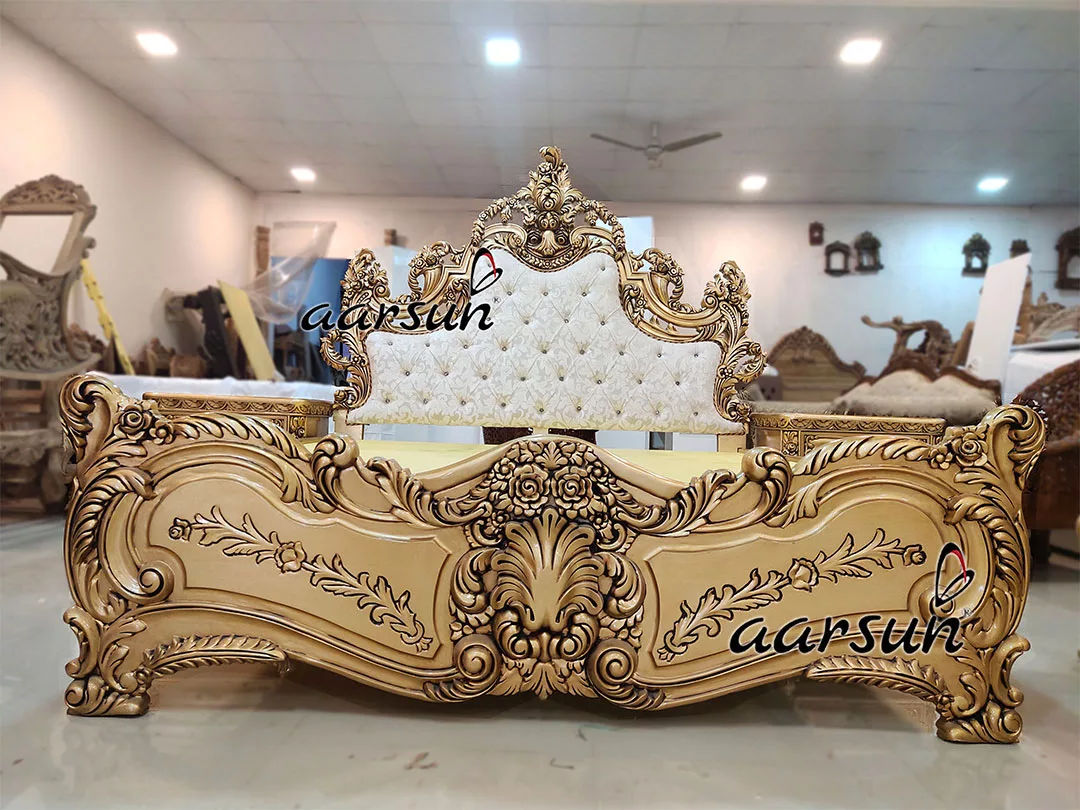 Aarsun Wooden Carved Golden Bed BED-0063-A
