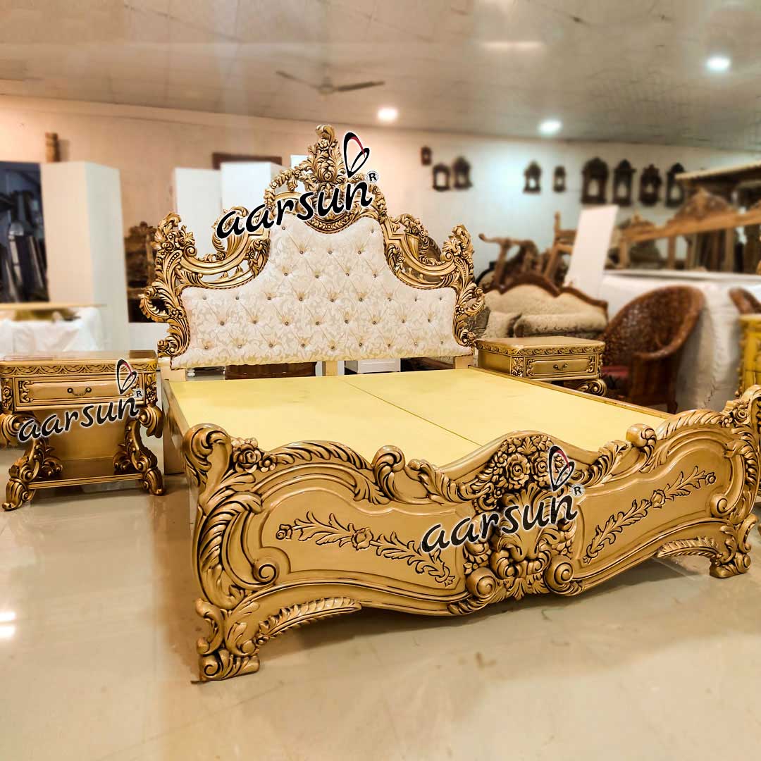 Wooden Carved Golden Bed BED, Carving bed top design premium finish top quality factory price, Top Quality King Size Bed Collection By Aarsun