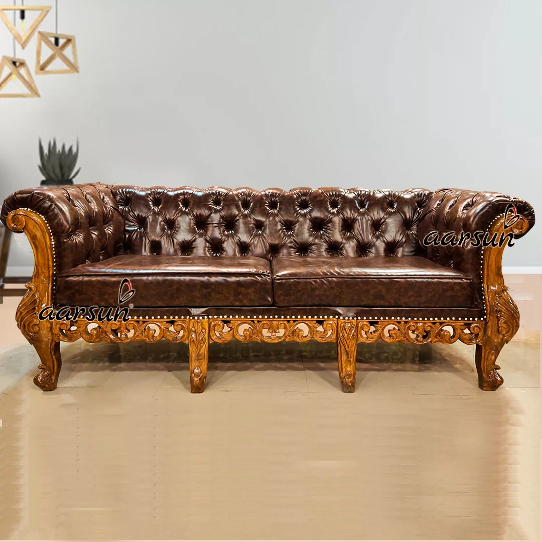 chester design leather sofa in teak wood factory price
