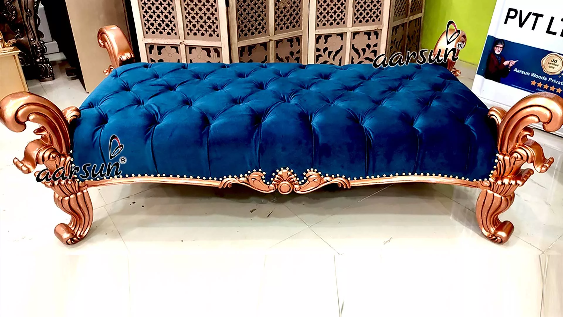 Wooden Indoor Settee in Gold Finish SETT-0043-B