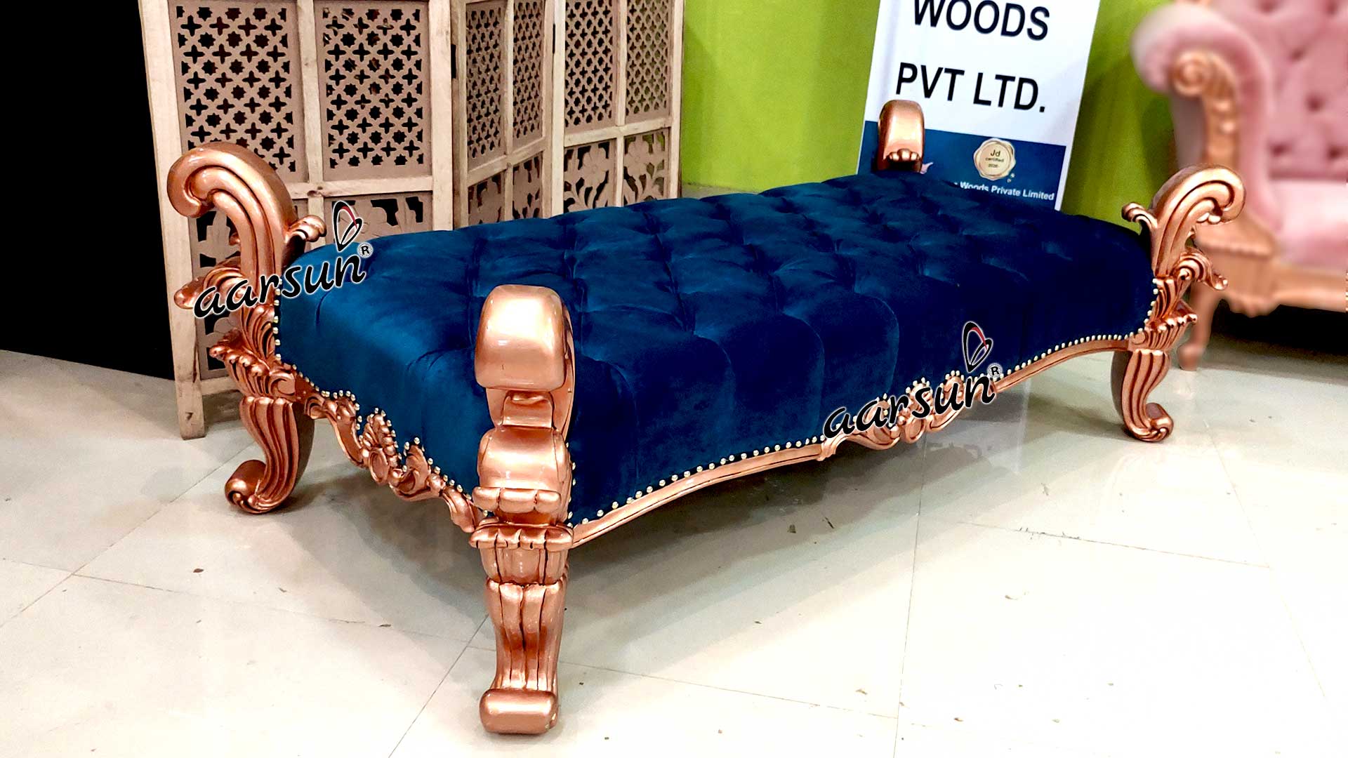 Wooden Indoor Settee in Gold Finish SETT-0043-C