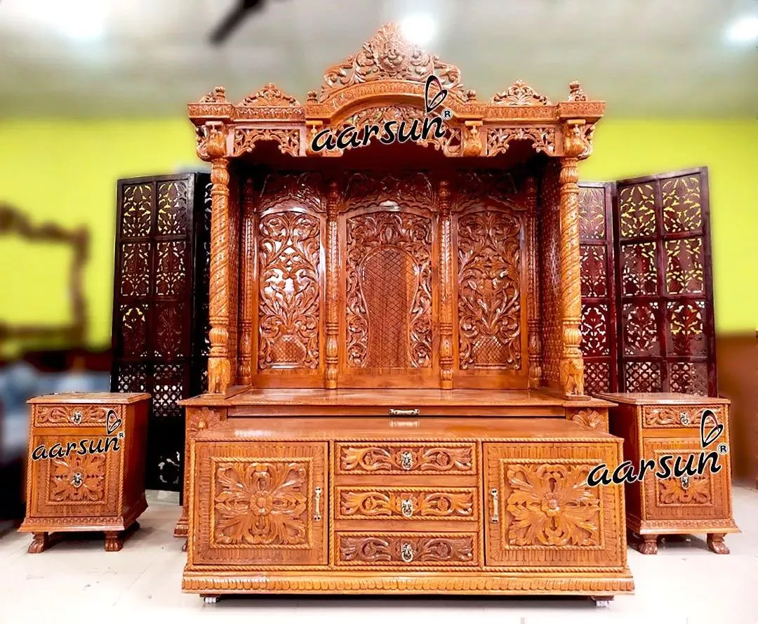 large size wooden pooja temple with sliding drawer