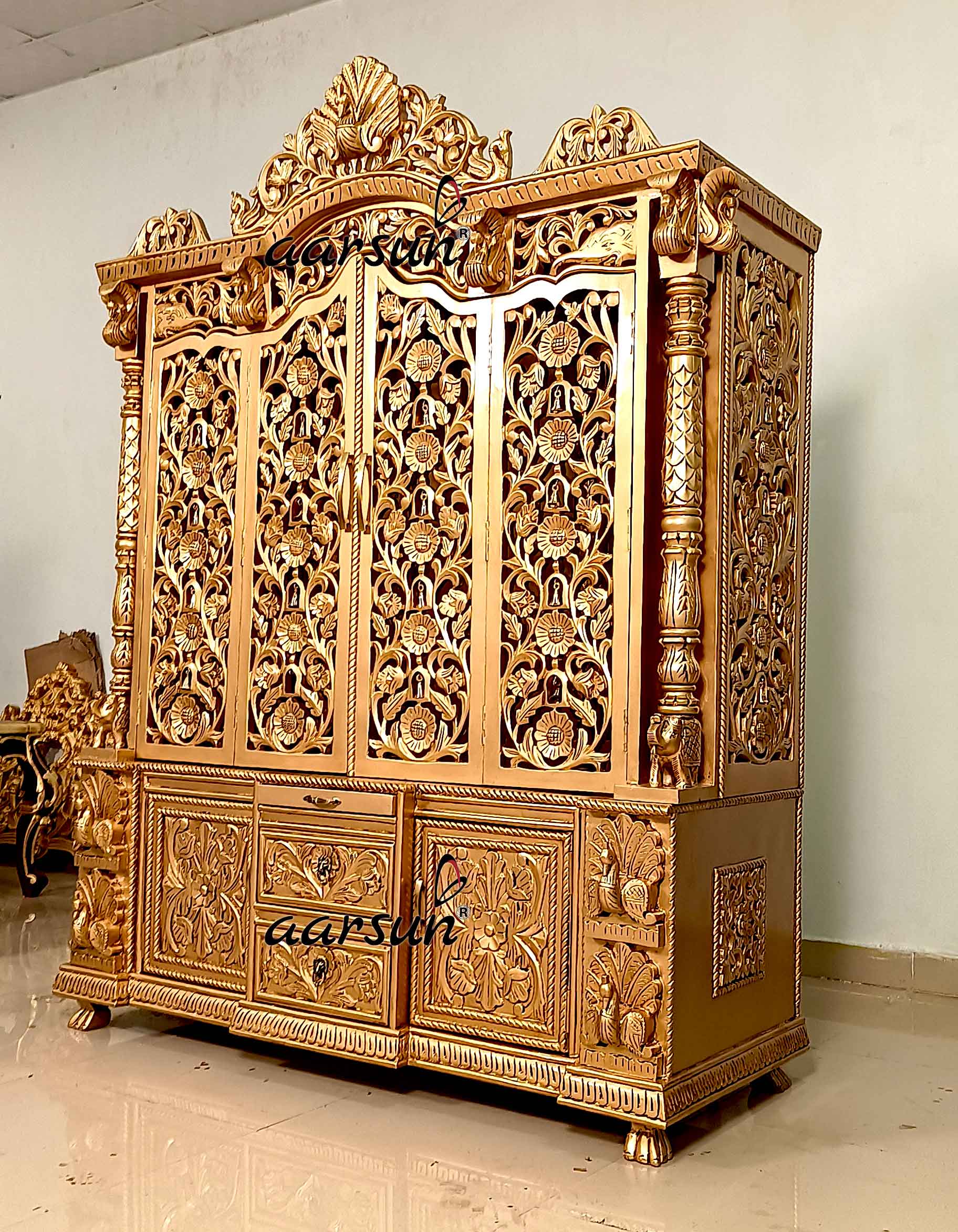 Carved Pooja Temple in Antique Gold YT-671-B