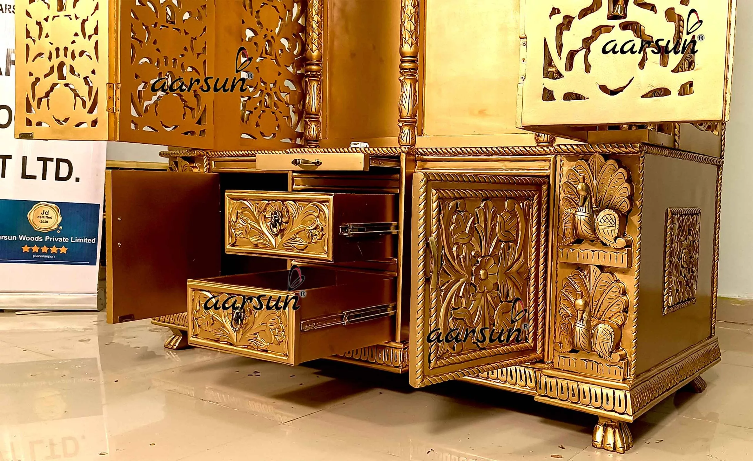 Carved Pooja Temple in Antique Gold YT-671-C