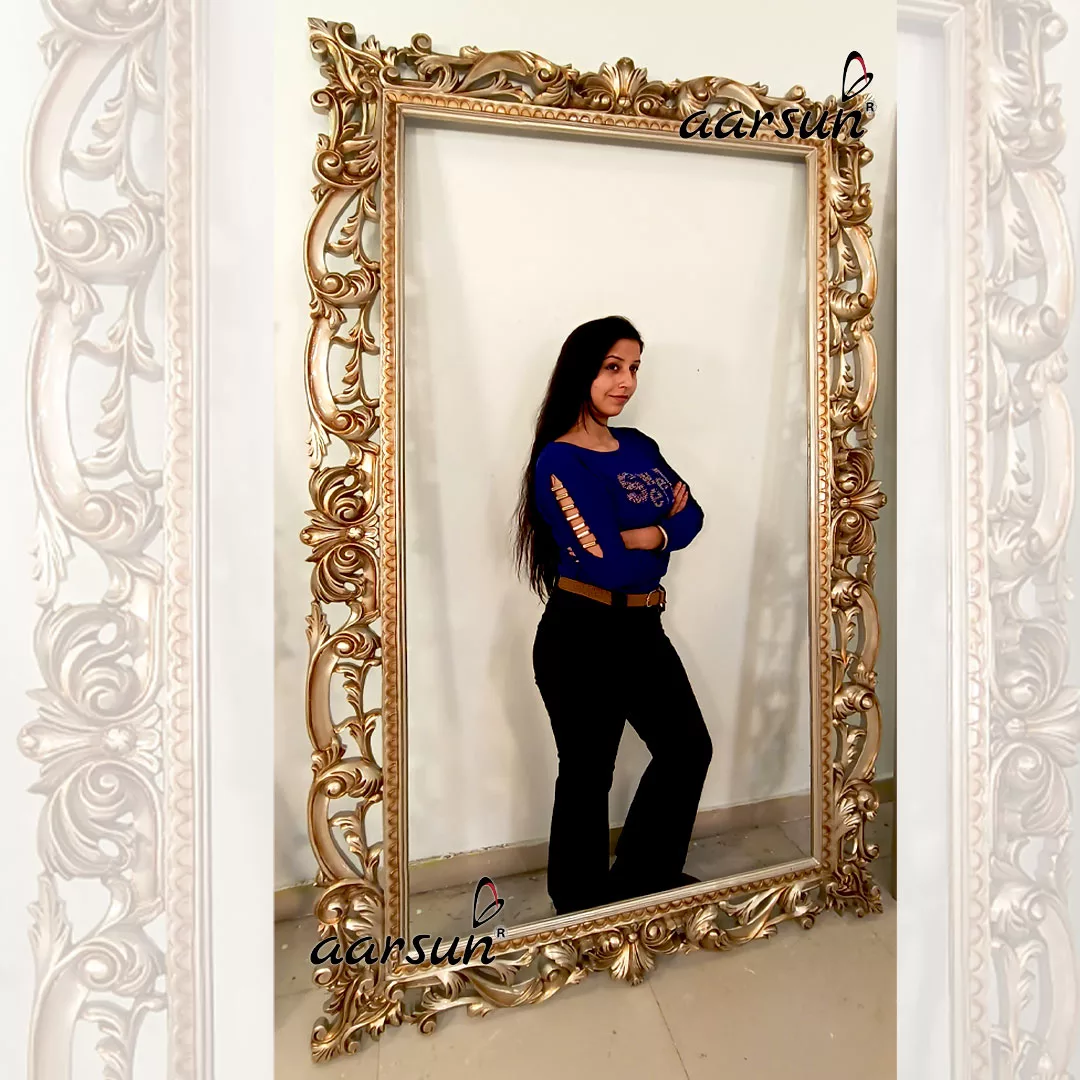 Large Designer Mirror Frame in Champagne Gold Finish for Royal Home Theme