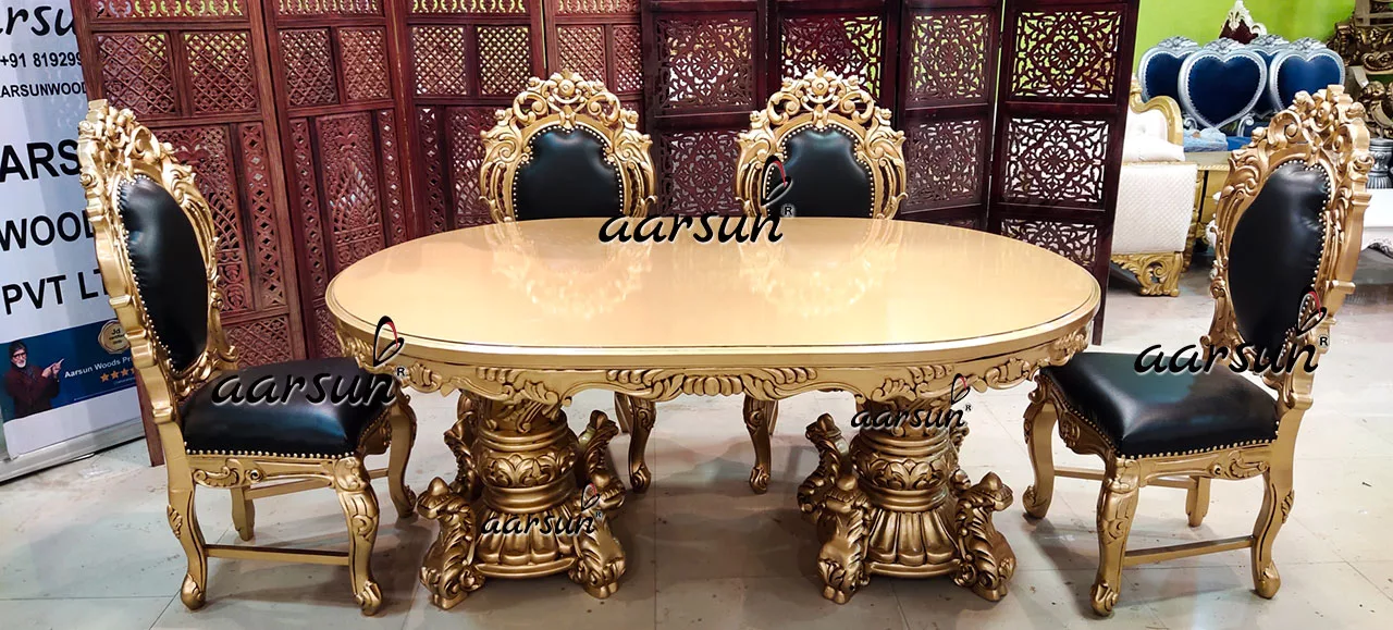 Luxurious-Dining-Set-6-Seater-in-Antique-Gold-Paint-Teak-Wood-YT-560-A