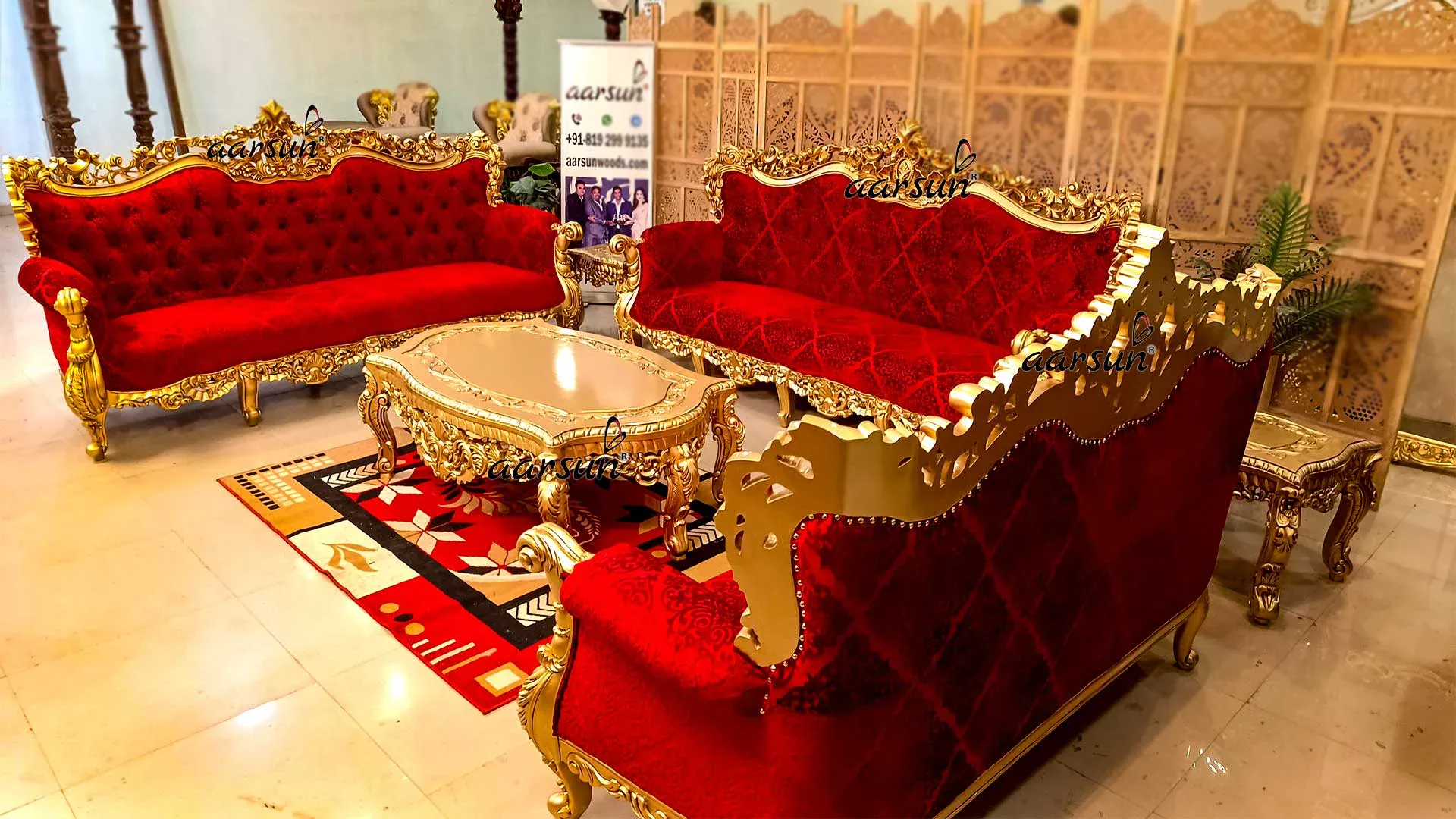 Royal GOld sofa set red fabric with center table and side table for ROyal homes by Aarsun