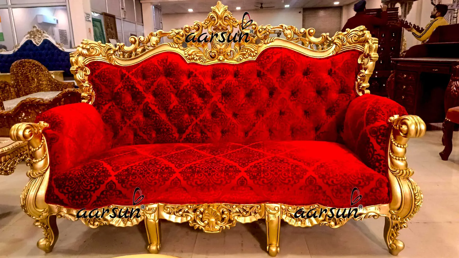Luxury Gold sofa in Gold Finish made in teak wood best carving design by AArsun
