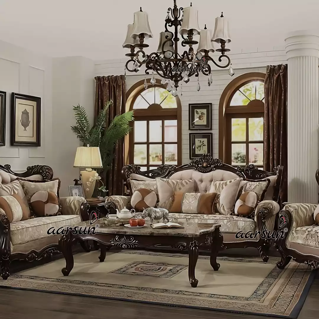 Antique Classic Sofa Set in dark walnut finish with antique gold highlights on the carving