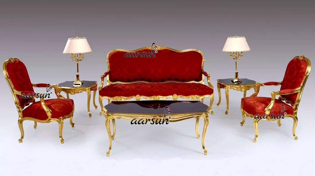French-Style-Sofa-Set in Red and Gold