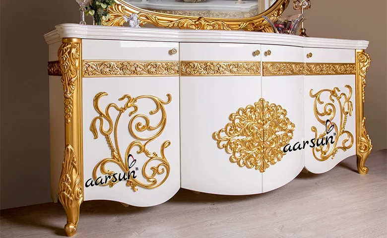 Carved Royal Dining Set Console in White and Gold