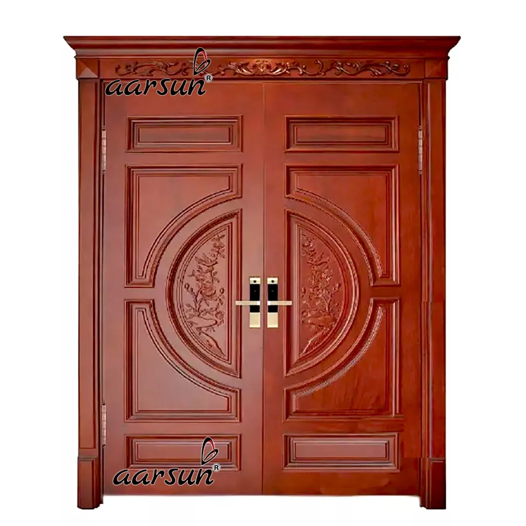 Modern wooden double door design in minimal carving and mahogany finish