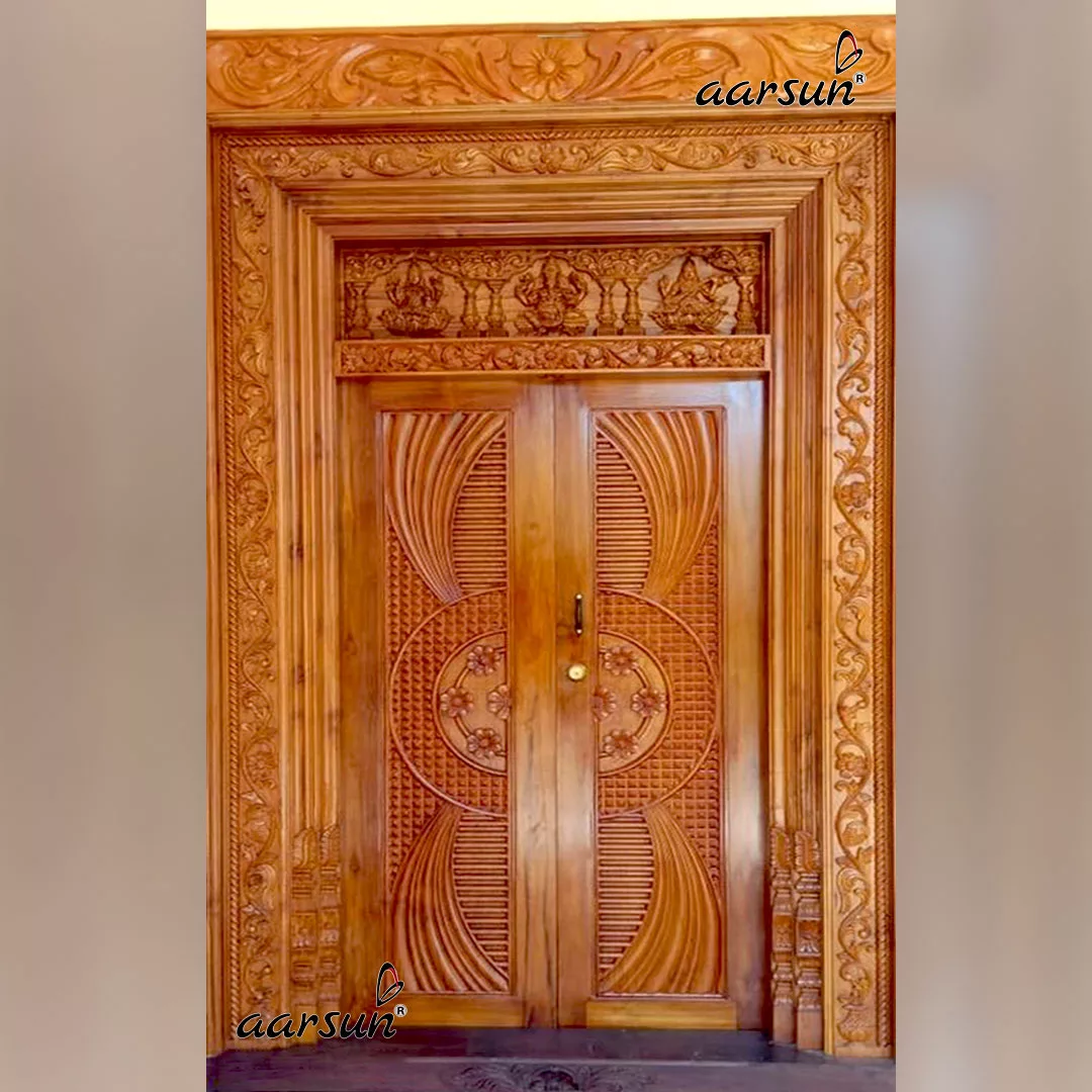 Teak Wood Double Door Design with full frame by Aarsun artisans