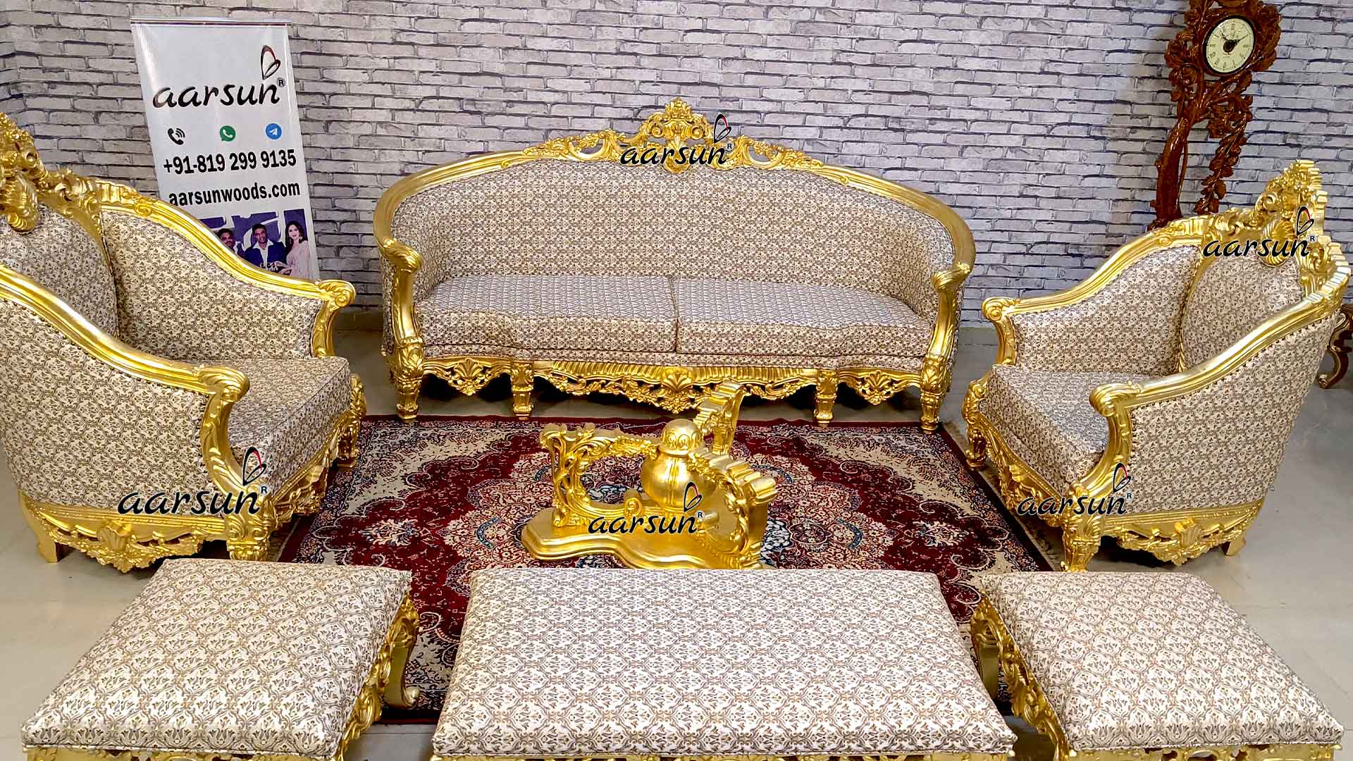 Rich Look Luxury Sofa Set curvy design with gold finish and elegant fabric