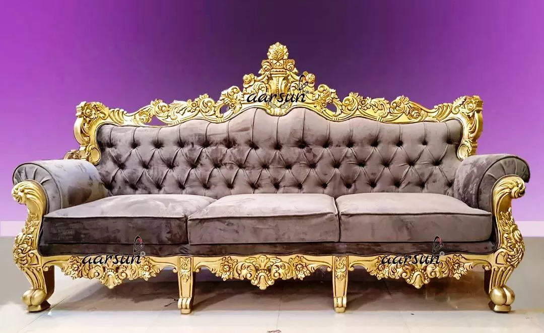Grand Luxury Sofa Set Design in Ash Grey Fabric and Golden Frame