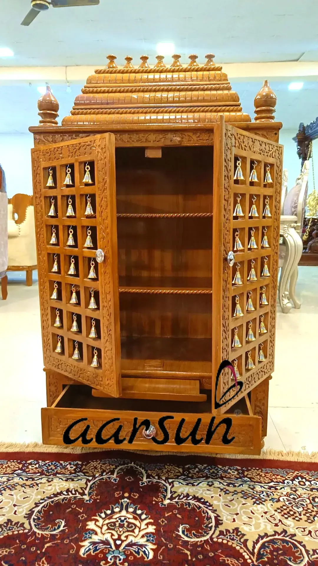 Trending Home Mandir Design Puja Unit with Doors & Brass Bells 3