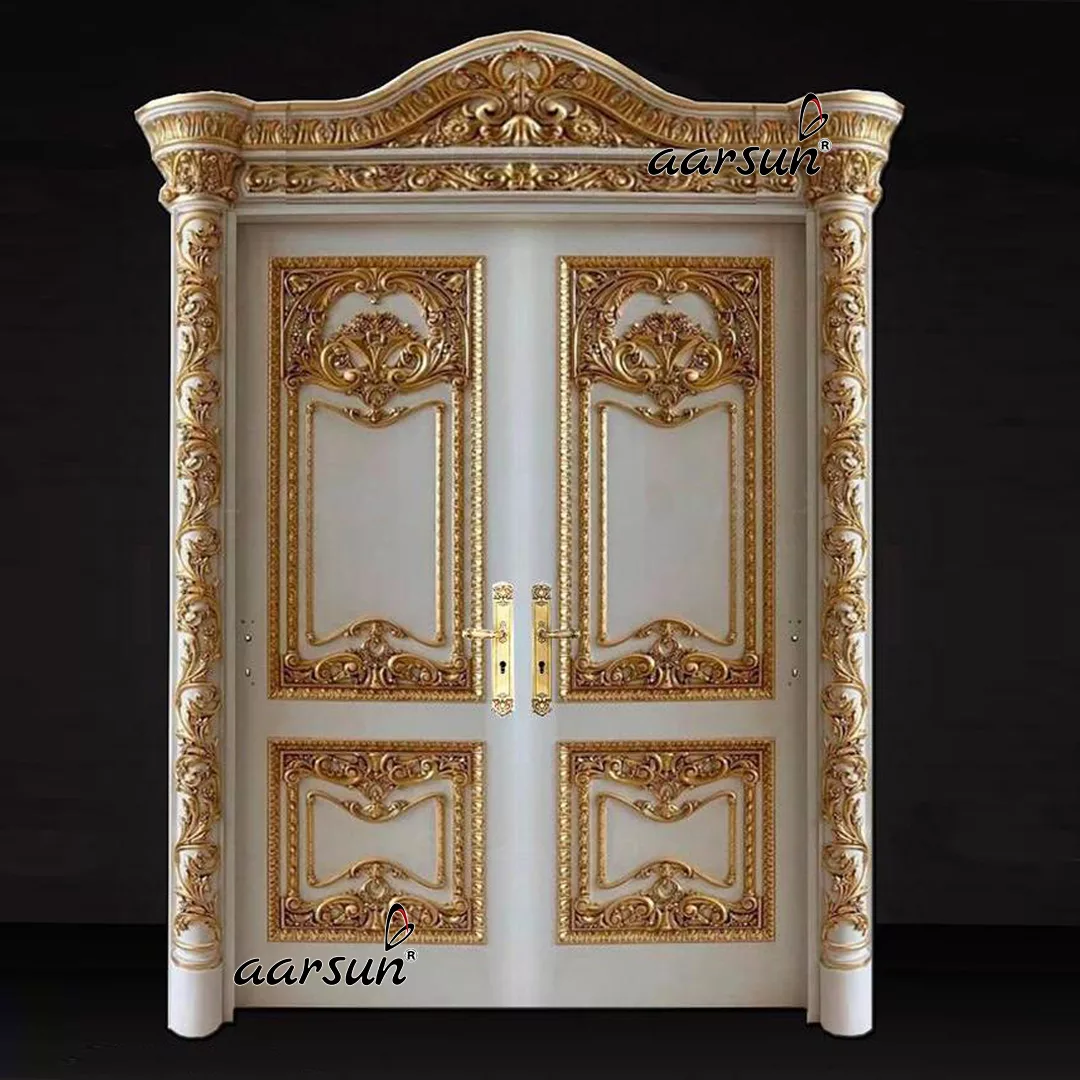 Double Door Design in White and Gold with Side Pillars and Top Frame - Aarsun