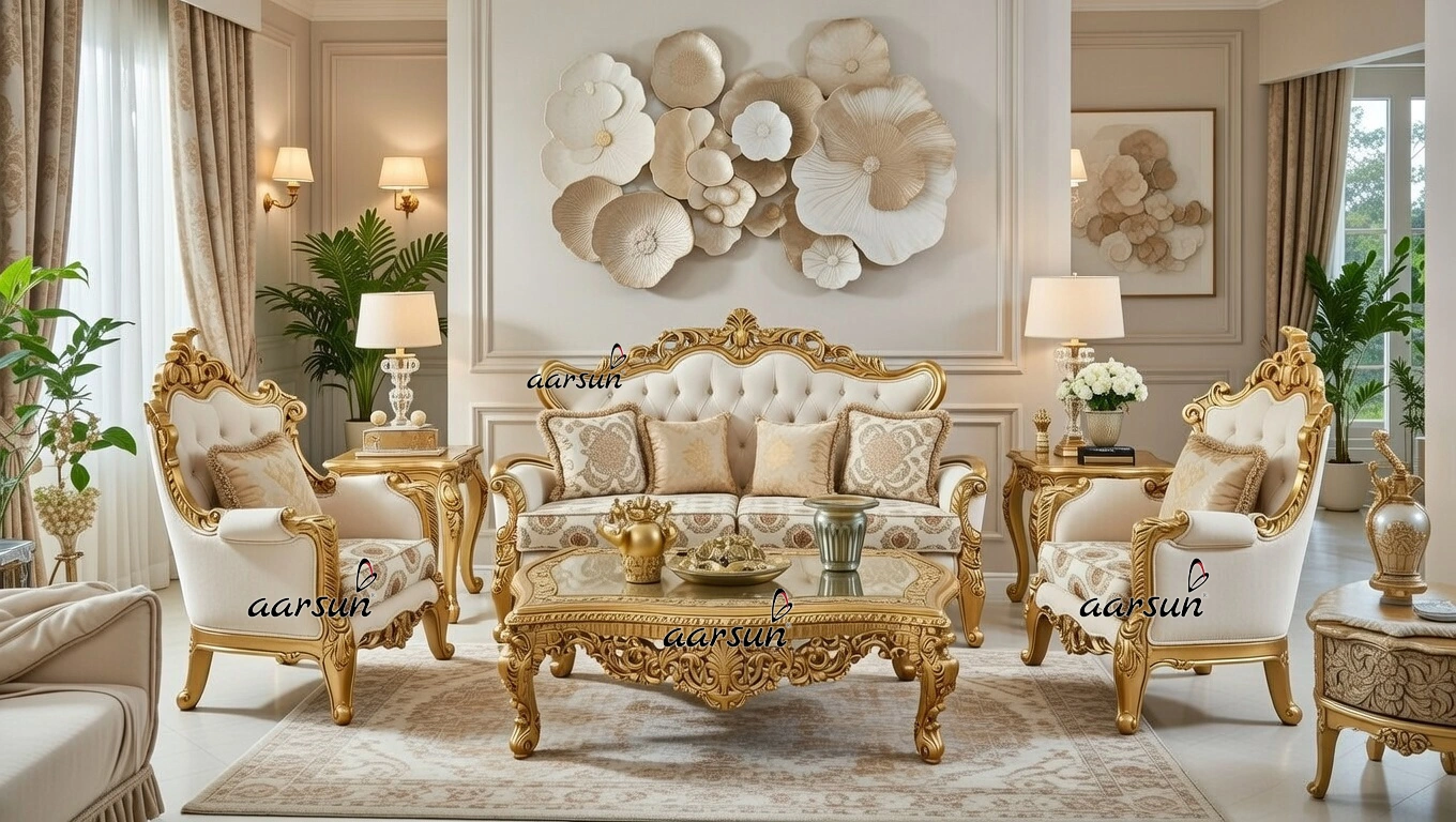 Double Carved Sofa Set Design in Gold Polish
