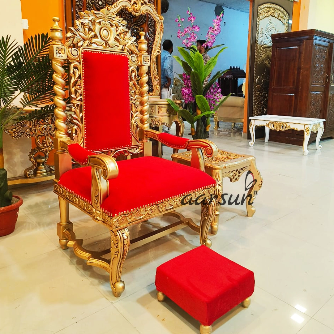 Aarsun Wooden Guruji Chair in Gold Finish with stool Global Delivery Available