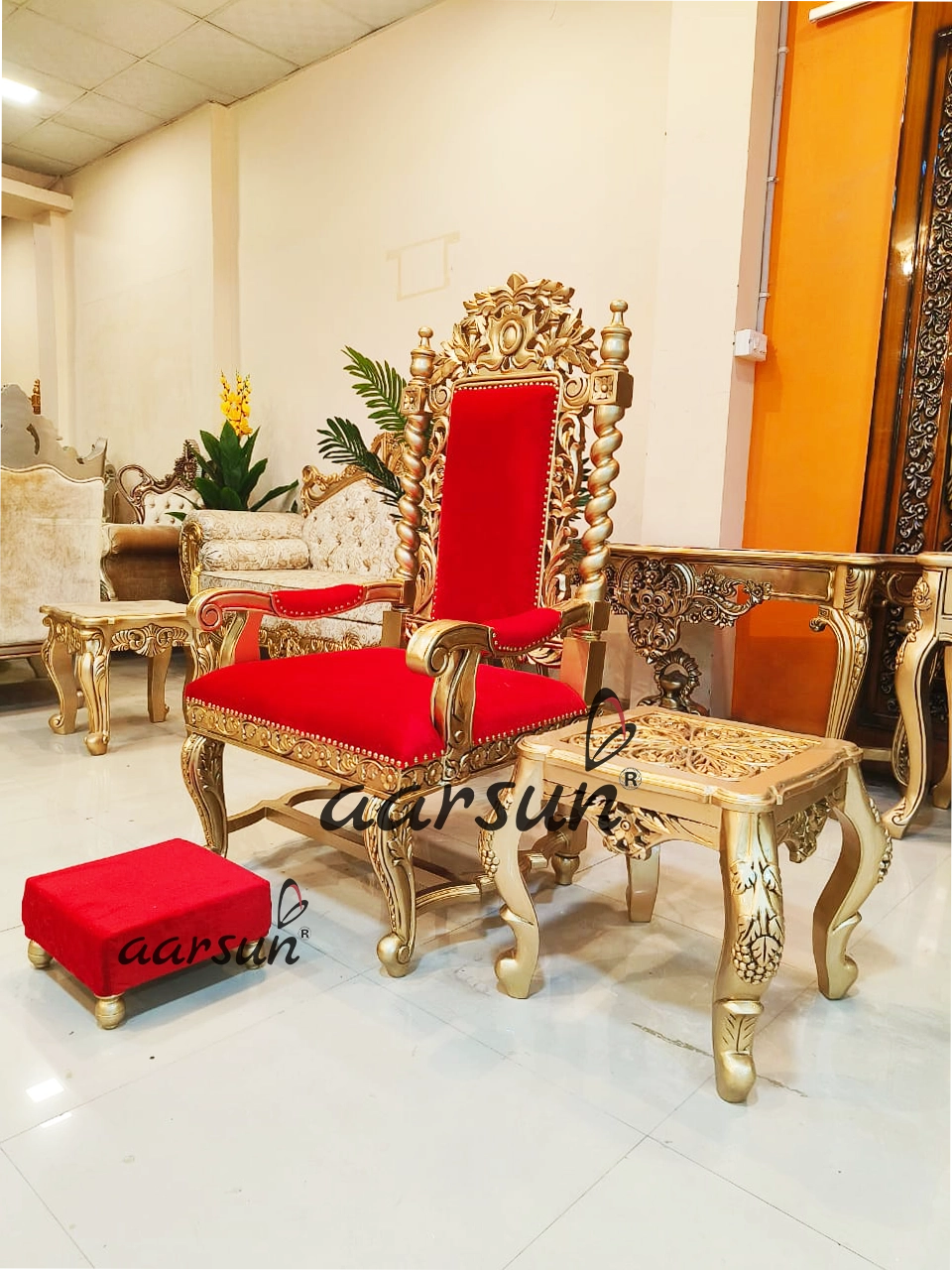 Aarsun Wooden Guruji Chair in Gold Finish with stool Global Delivery Available